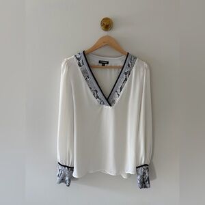 Express White V-Neck Blouse with Snake-Print Trim and Black Piping